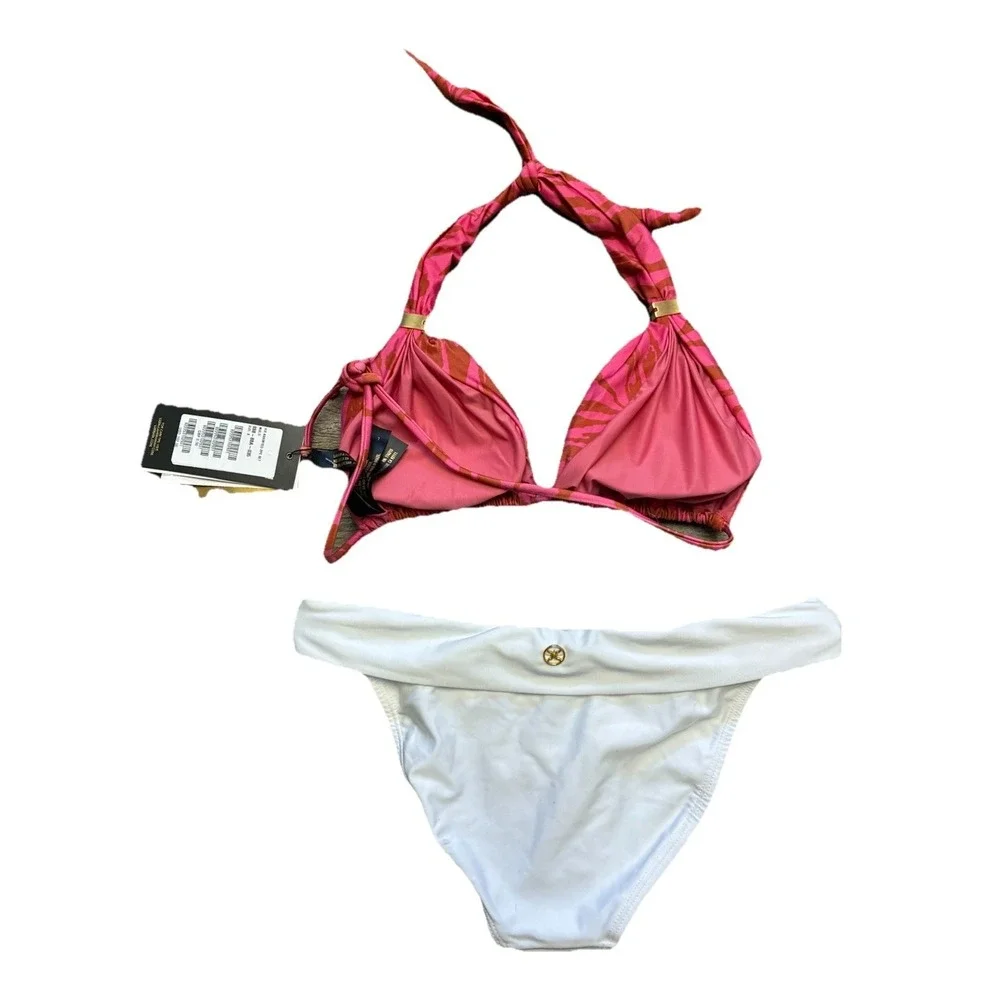 VIX Paula Hermanny Bikini Set S White Bottom L Pink Animal Print‎ Top Bia NEW